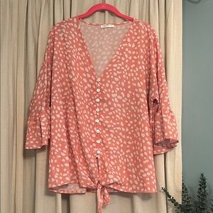 3/4 Sleeve Pink/White Button-Down Top